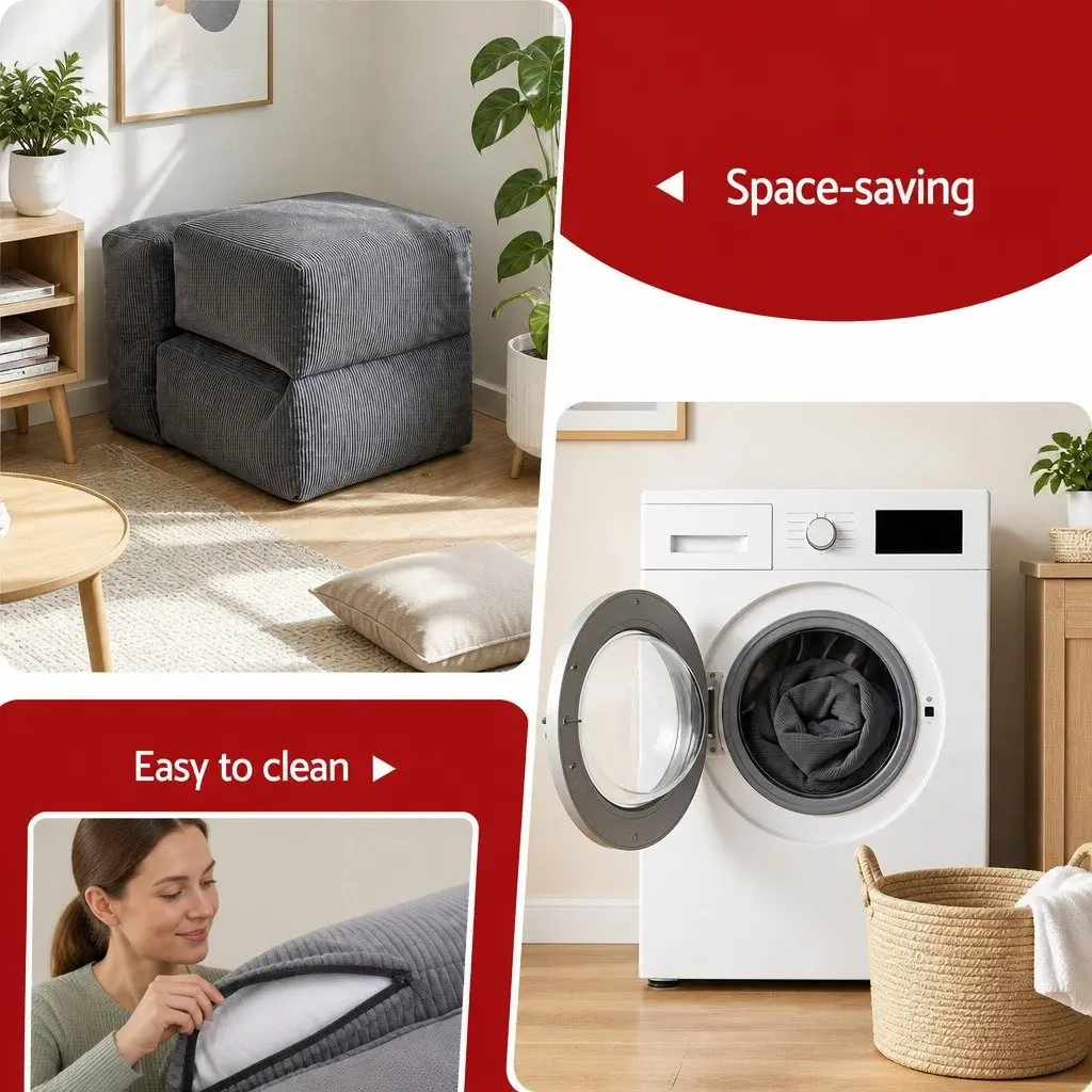 Foldable Bean Bag Sofa Bed Floor Lounger Chair Grey Compact Boneless Couch