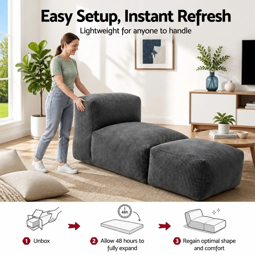 Foldable Bean Bag Sofa Bed Floor Lounger Chair Grey Compact Boneless Couch