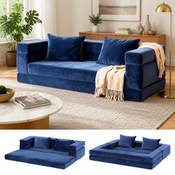 Convertible Folding Sofa Bed Pull Out Mattress Foldable Lounge Couch Chair Blue