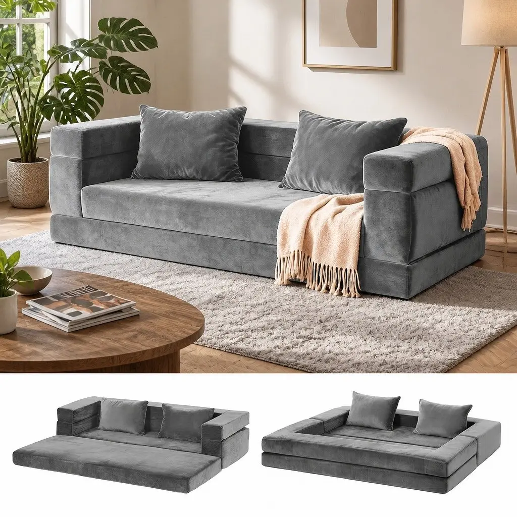 Grey Velvet Sofa Bed with Pillows
