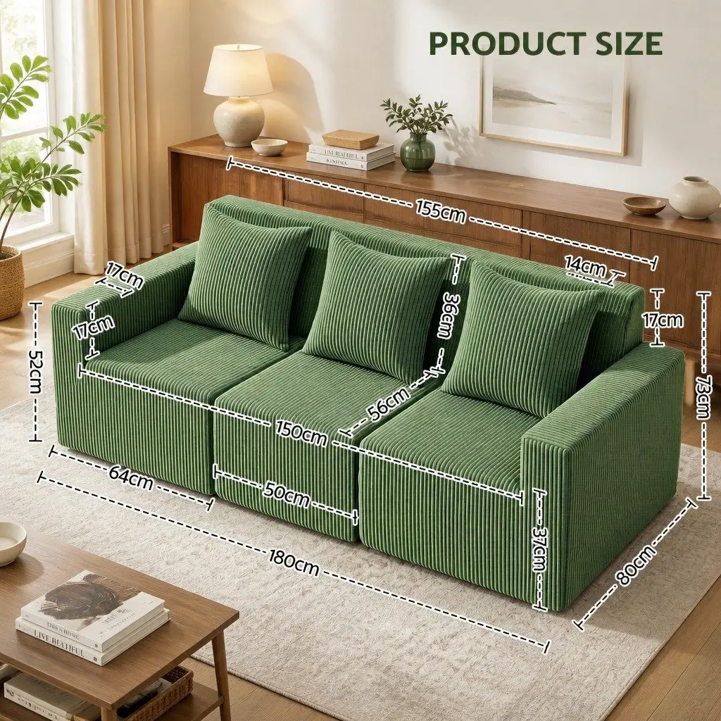 Modular Sofa Bed 3-Seater Convertible Sectional Deep Seat Green