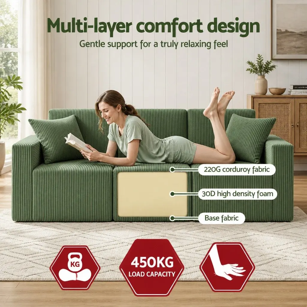 Modular Sofa Bed 3-Seater Convertible Sectional Deep Seat Green