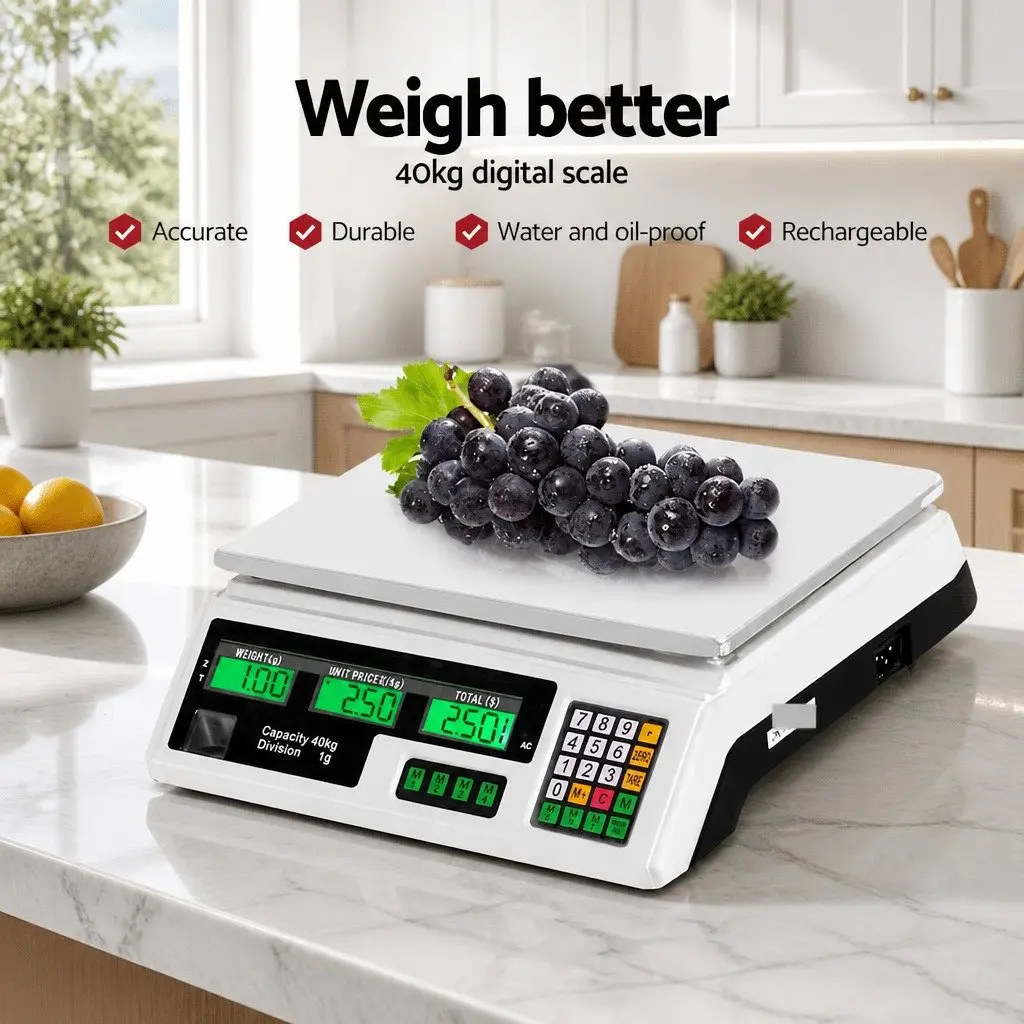Digital Kitchen Scales 40kg Platform Weighing Scale White LCD Display Tray