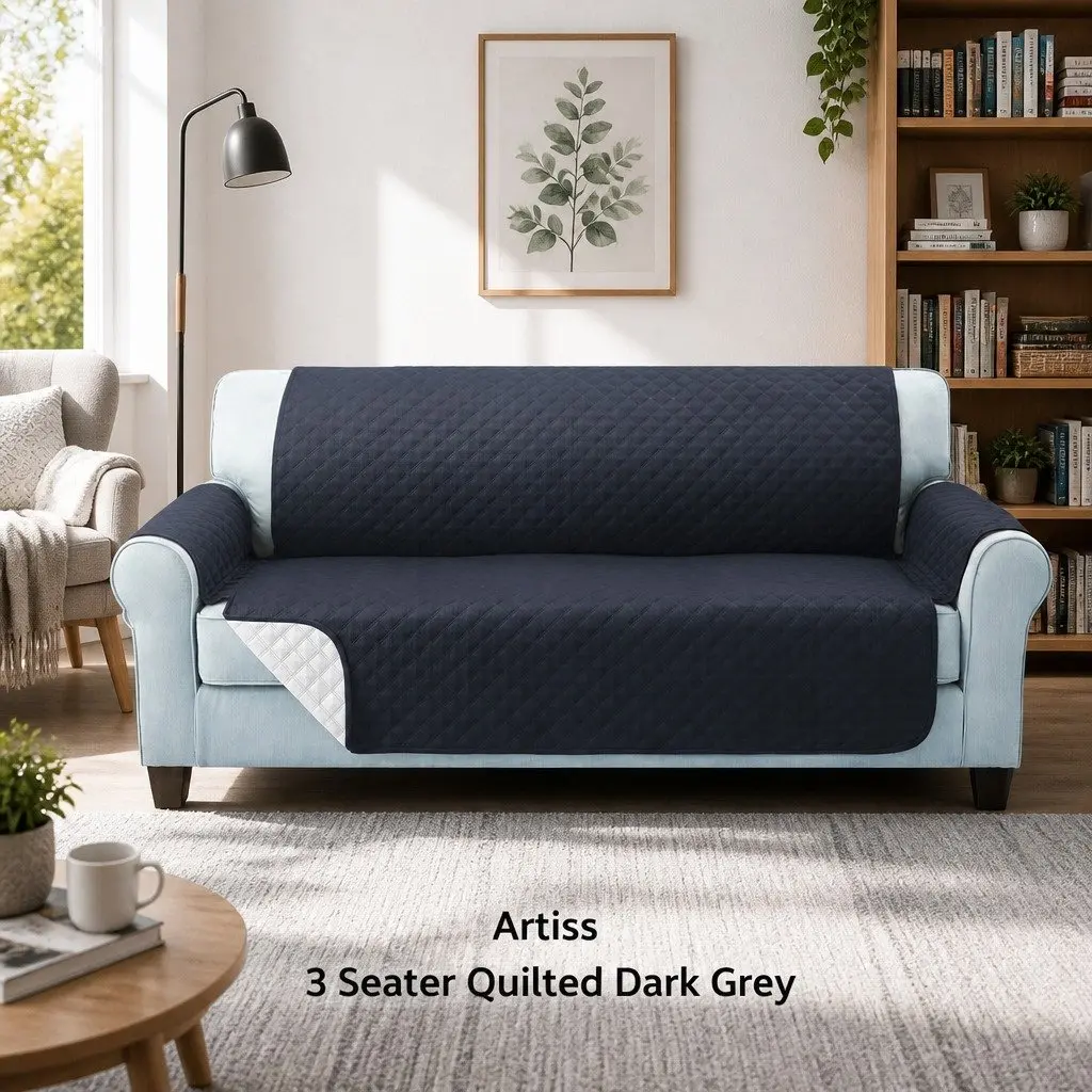 Sofa Cover 3 Seater Quilted Dark Grey Couch Protector Anti-Slip