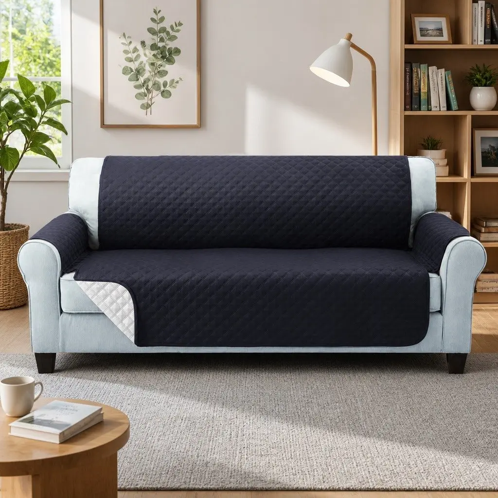 Sofa Cover 3 Seater Quilted Dark Grey Couch Protector Anti-Slip