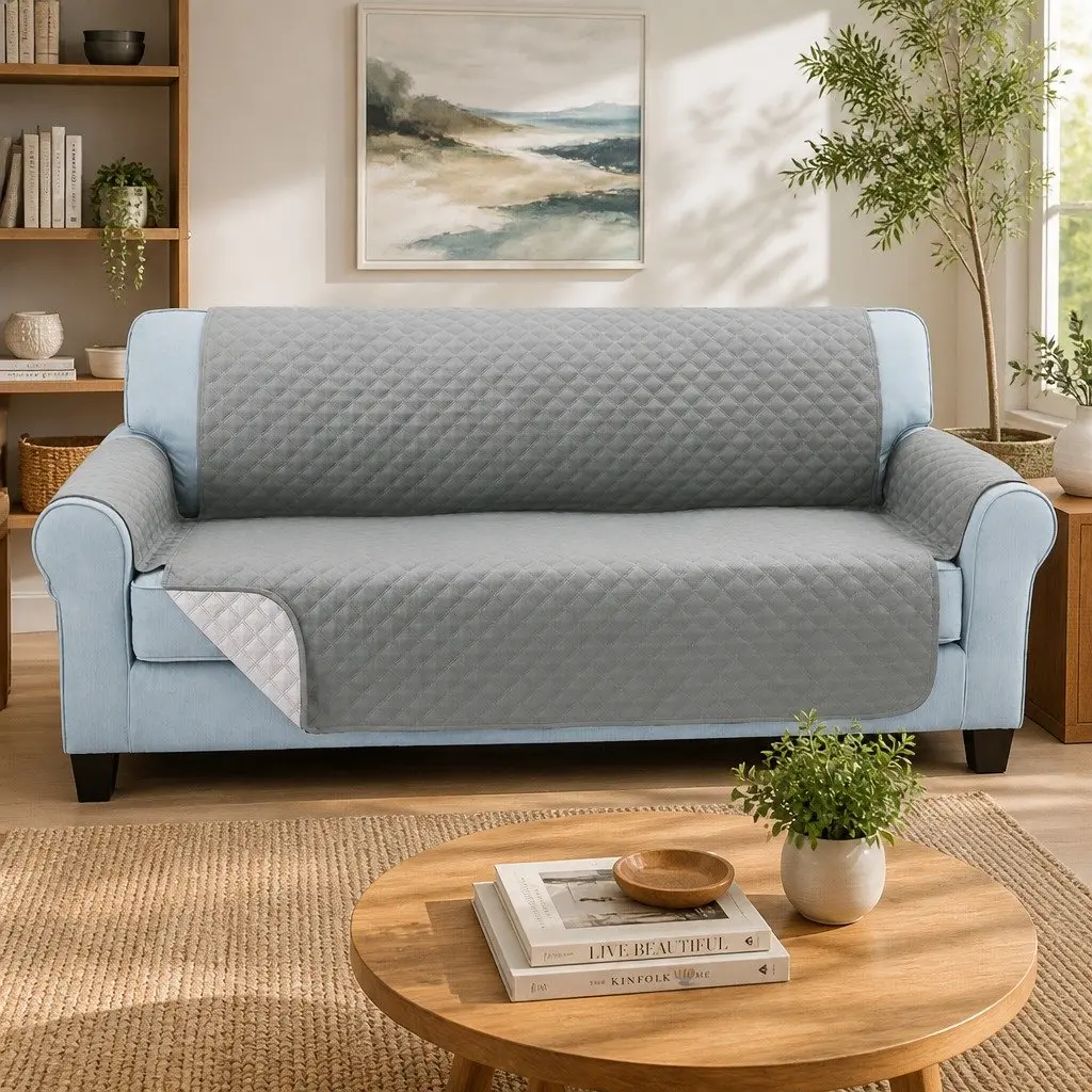 Sofa Cover 3 Seater Grey Diamond Quilted Couch Protector Anti-Scratch Microfibre