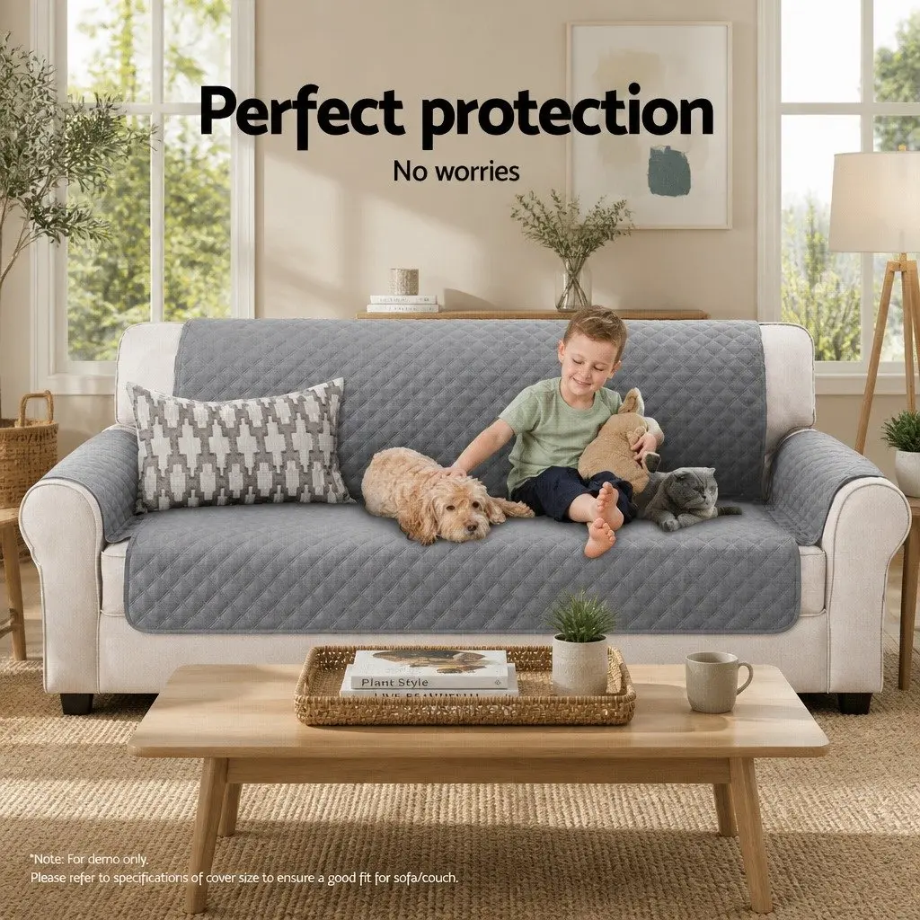 Sofa Cover 3 Seater Grey Diamond Quilted Couch Protector Anti-Scratch Microfibre