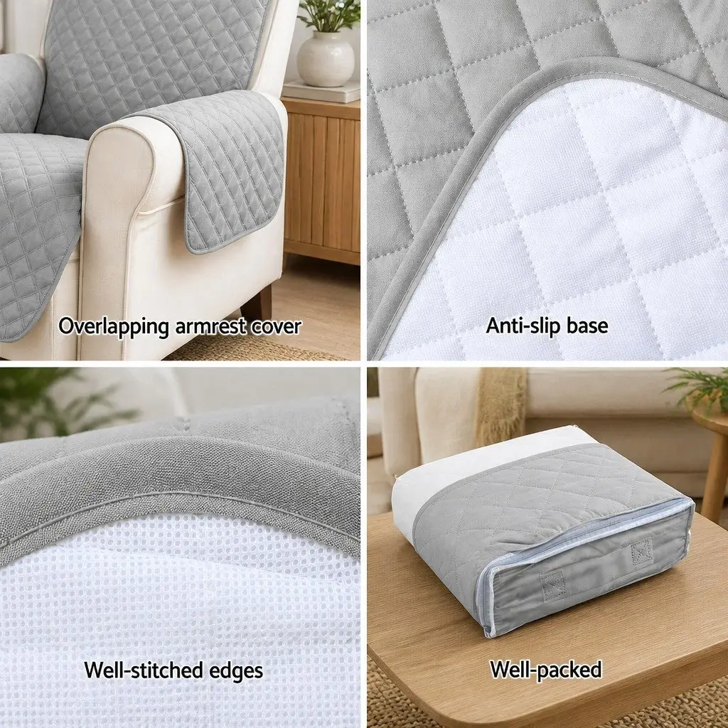 Sofa Cover 3 Seater Grey Diamond Quilted Couch Protector Anti-Scratch Microfibre