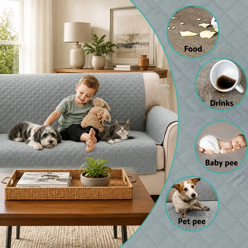 Sofa Cover 3 Seater Water Resistant Grey Couch Furniture Protection Anti Slip