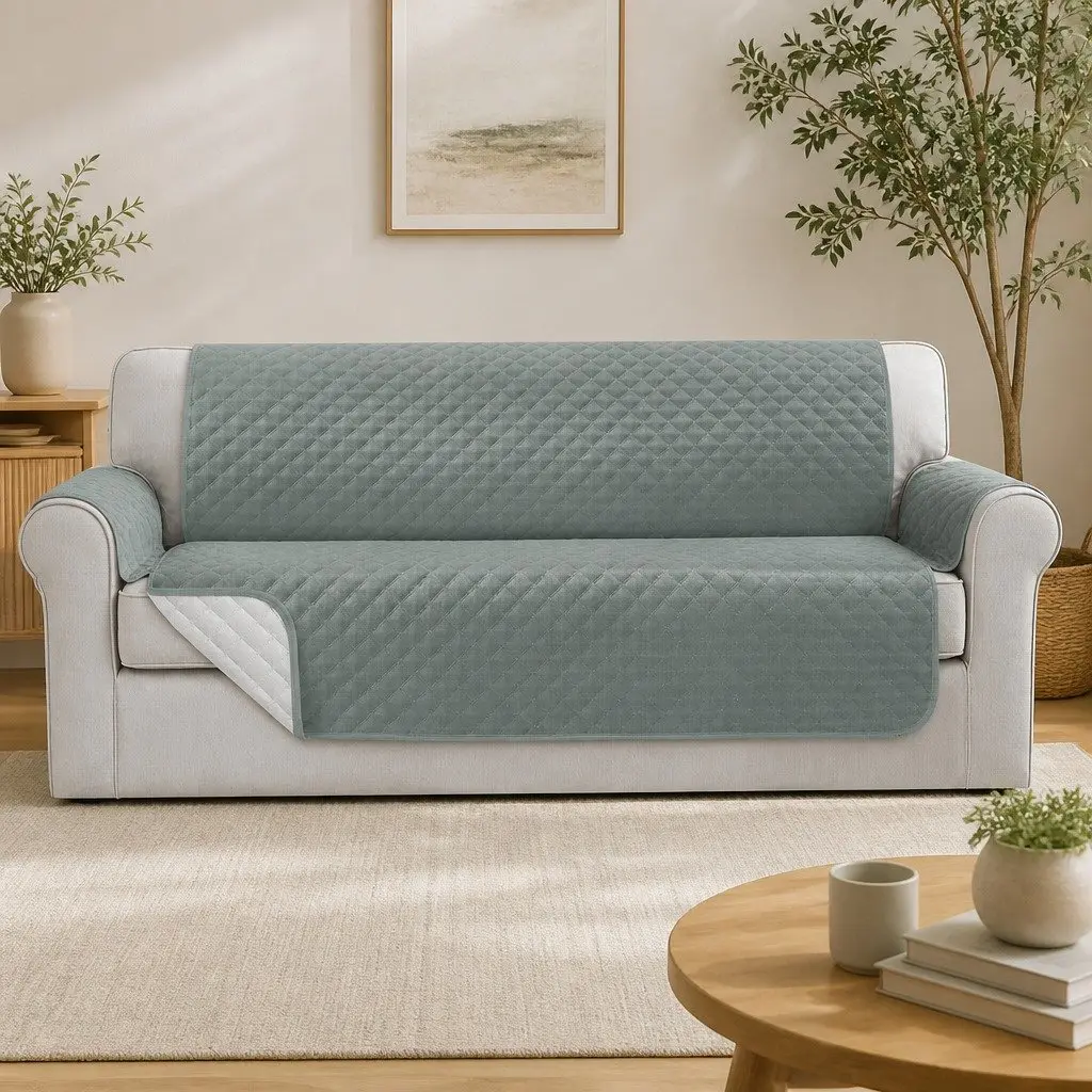 4 Seater Couch Protector Water Resistant Grey Diamond Quilted Sofa Cover