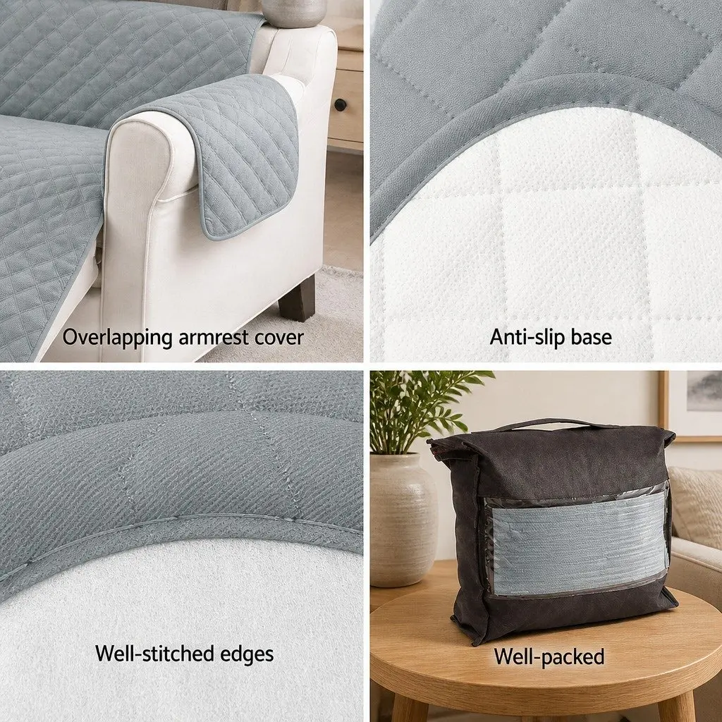 4 Seater Couch Protector Water Resistant Grey Diamond Quilted Sofa Cover