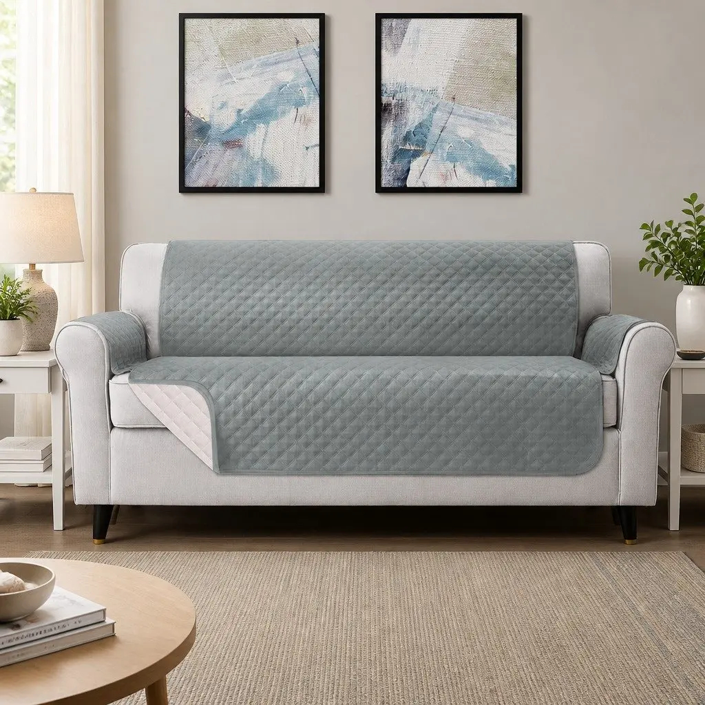 4 Seater Couch Protector Water Resistant Grey Diamond Quilted Sofa Cover