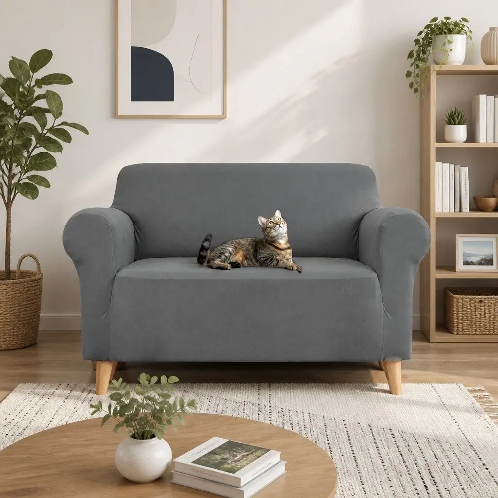 Sofa Cover 2 Seater Stretch Grey Knitted Fabric