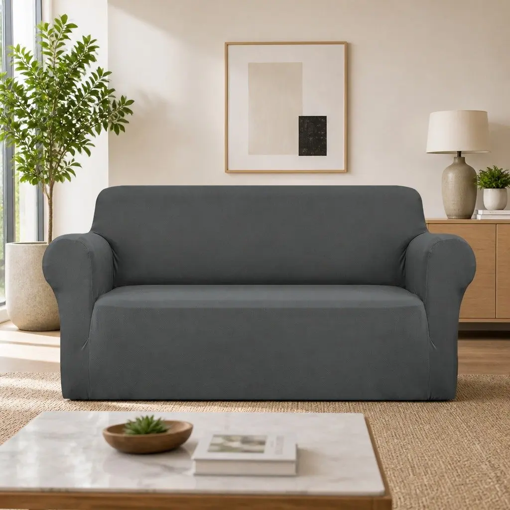 3 Seater Sofa Cover Stretch Knitted Fabric Couch Slipcover Grey