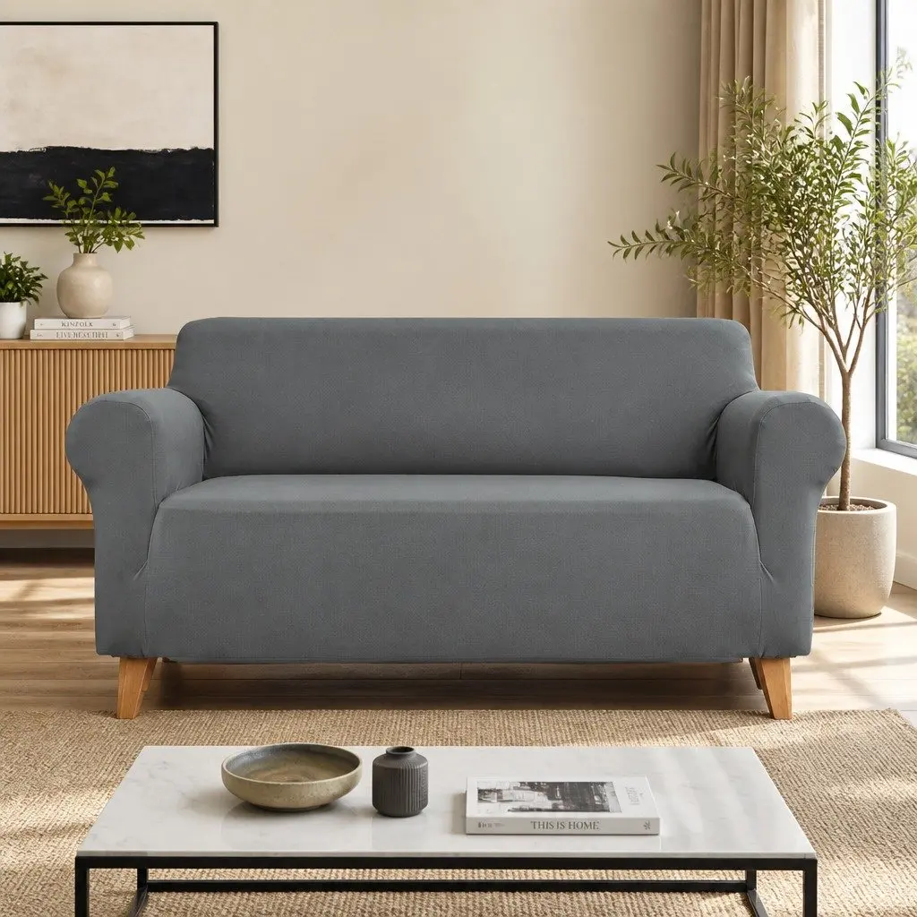 3 Seater Sofa Cover Stretch Knitted Fabric Couch Slipcover Grey