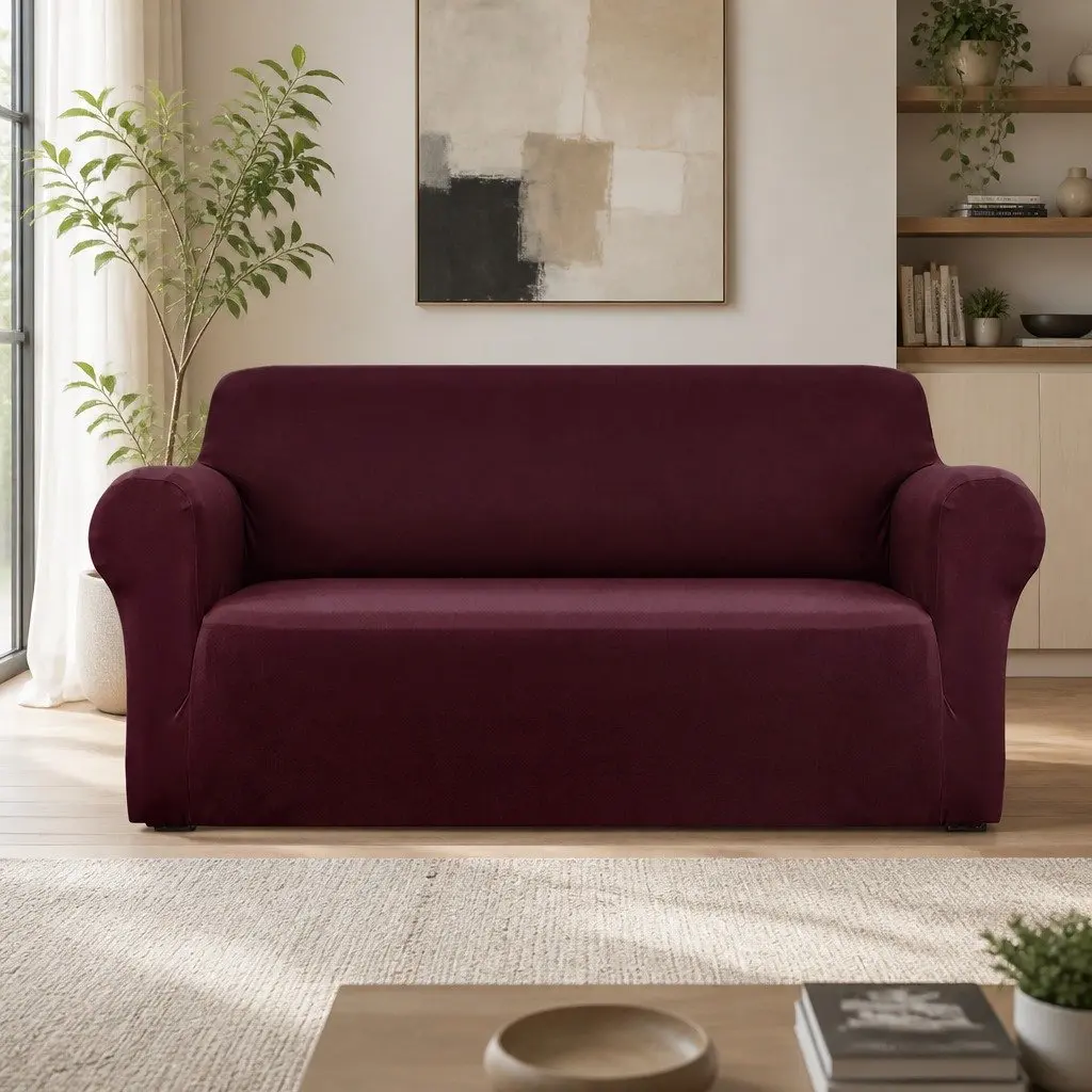 Sofa Cover 3 Seater Stretch Couch Protector Burgundy Knitted Fabric