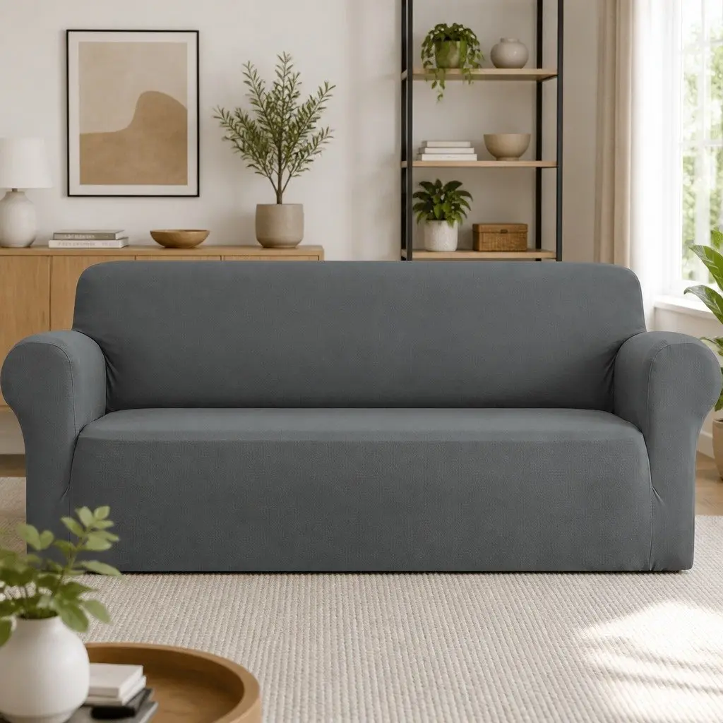 Sofa Cover 4 Seater Stretch Knitted Fabric Grey Couch Protection Easy Install