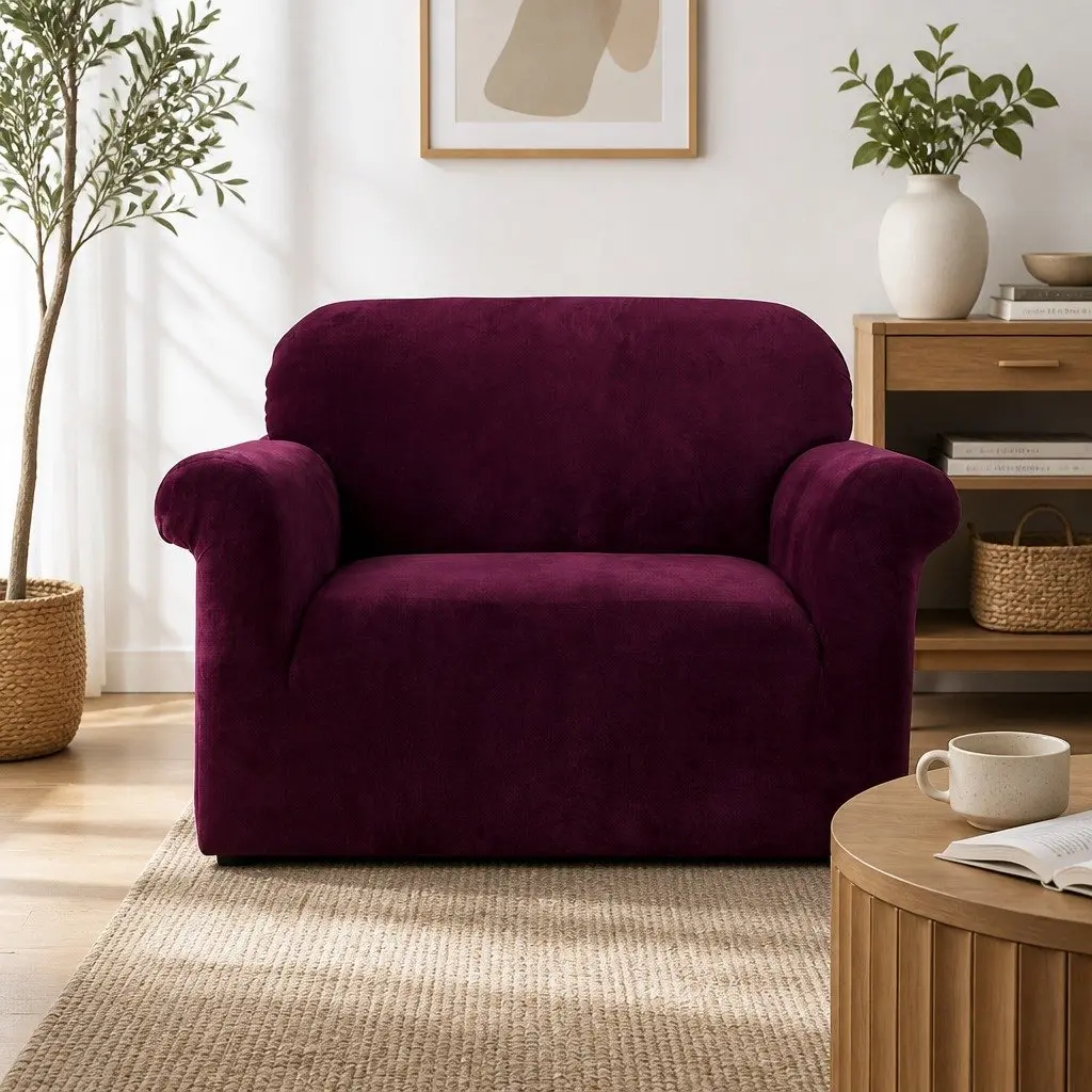 Velvet Sofa Cover Protector Ruby Red 1 Seater Arm Chair Furniture Cover Stretchable Soft Fabric