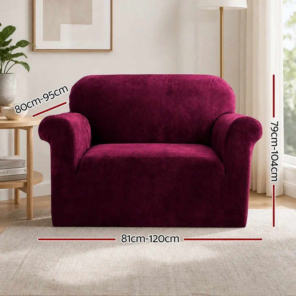 Velvet Sofa Cover Protector Ruby Red 1 Seater Arm Chair Furniture Cover Stretchable Soft Fabric