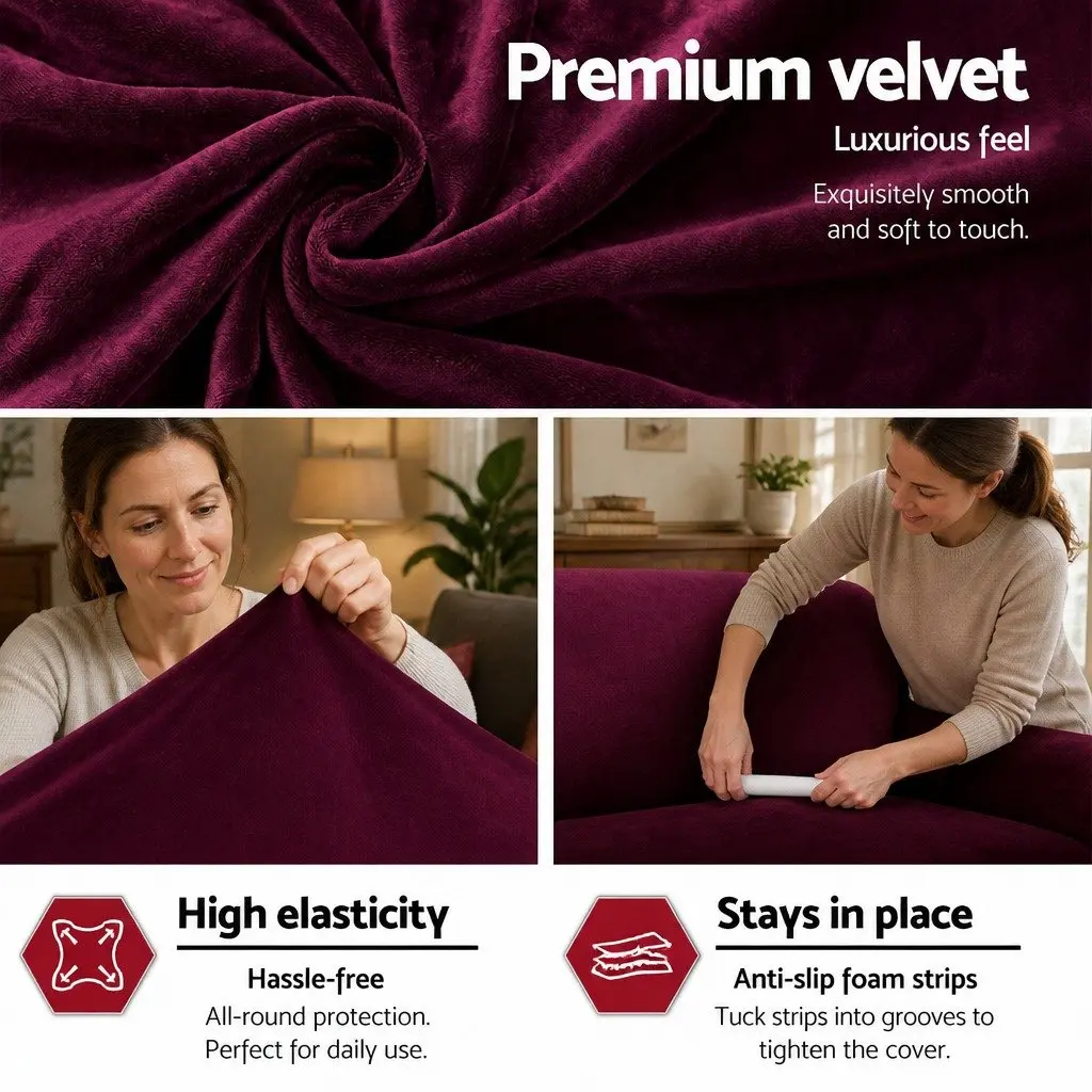 Velvet Sofa Cover Protector Ruby Red 1 Seater Arm Chair Furniture Cover Stretchable Soft Fabric