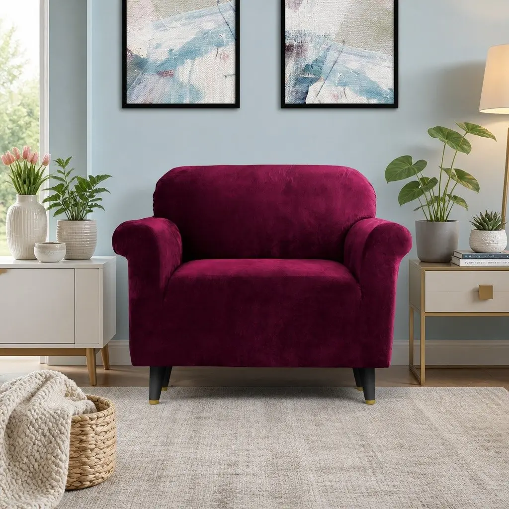 Velvet Sofa Cover Protector Ruby Red 1 Seater Arm Chair Furniture Cover Stretchable Soft Fabric