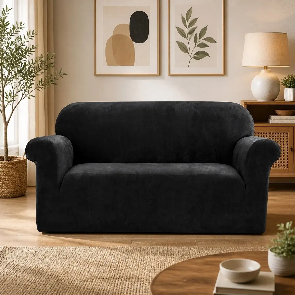 Sofa Cover Velvet Stretch Couch Protector 2 Seater Black