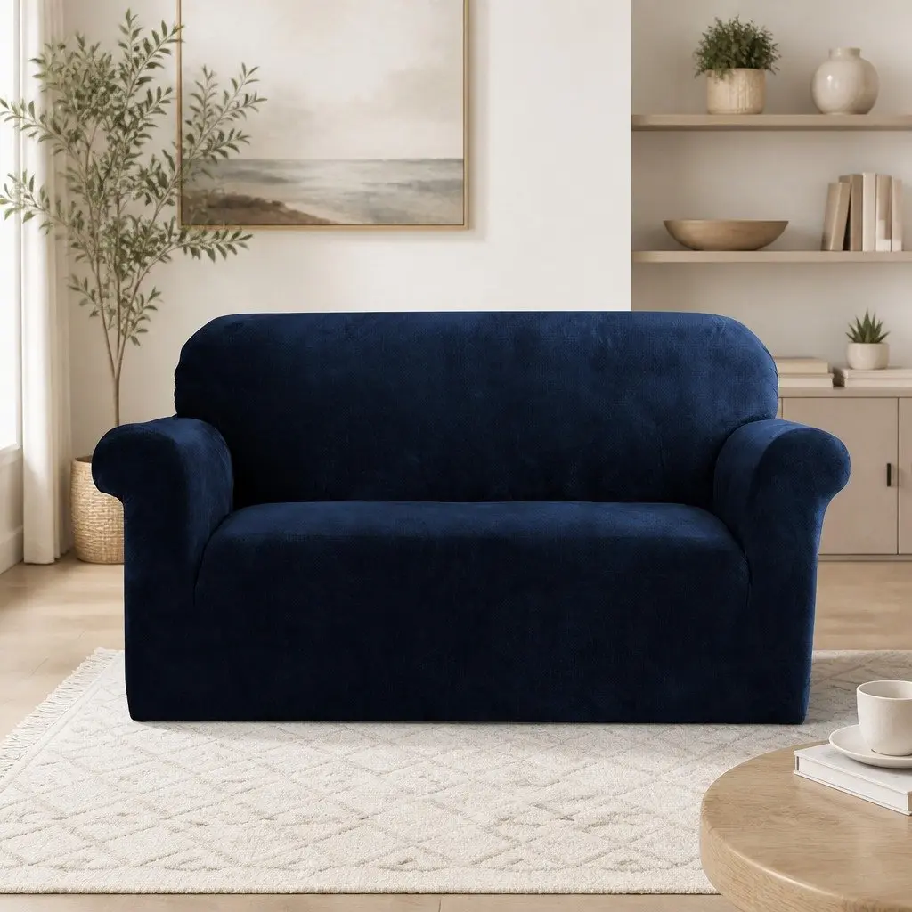 Sofa Cover Velvet Couch Protector 2 Seater Stretch Navy Blue