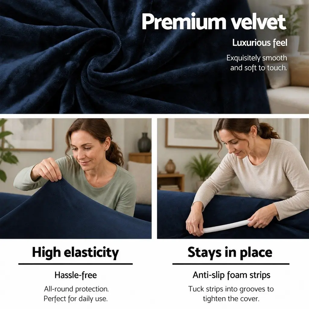 Sofa Cover Velvet Couch Protector 2 Seater Stretch Navy Blue