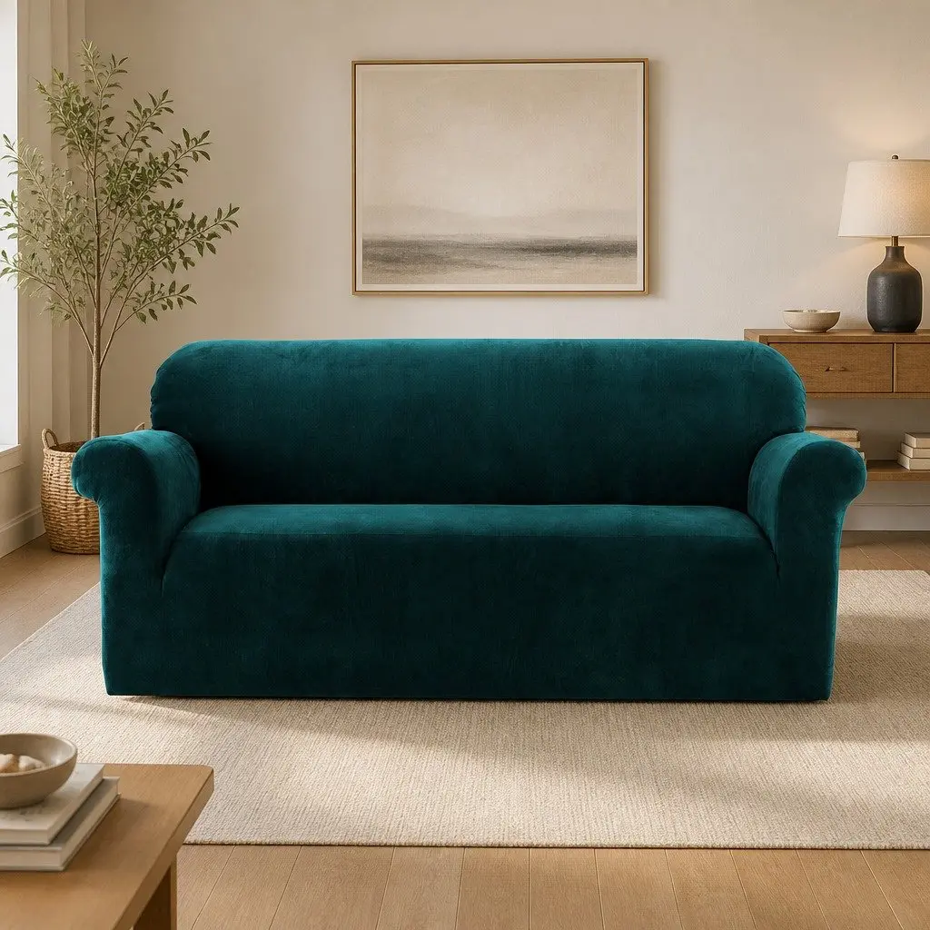 Velvet 3 Seater Sofa Cover Couch Protector Stretch Agate Green