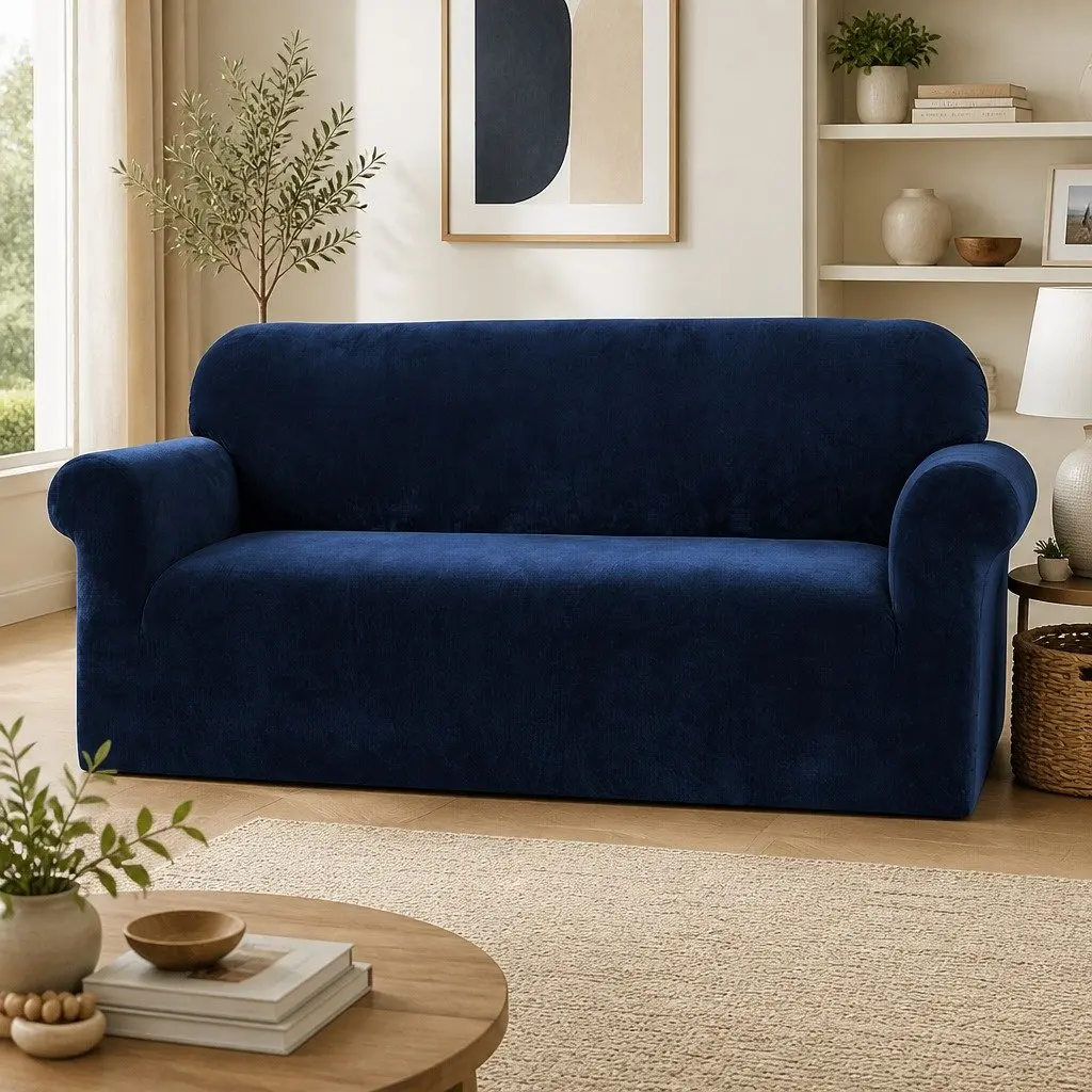 3 Seater Sofa Cover Velvet Couch Protector Stretch Elastic Anti-Slip Washable Navy Blue
