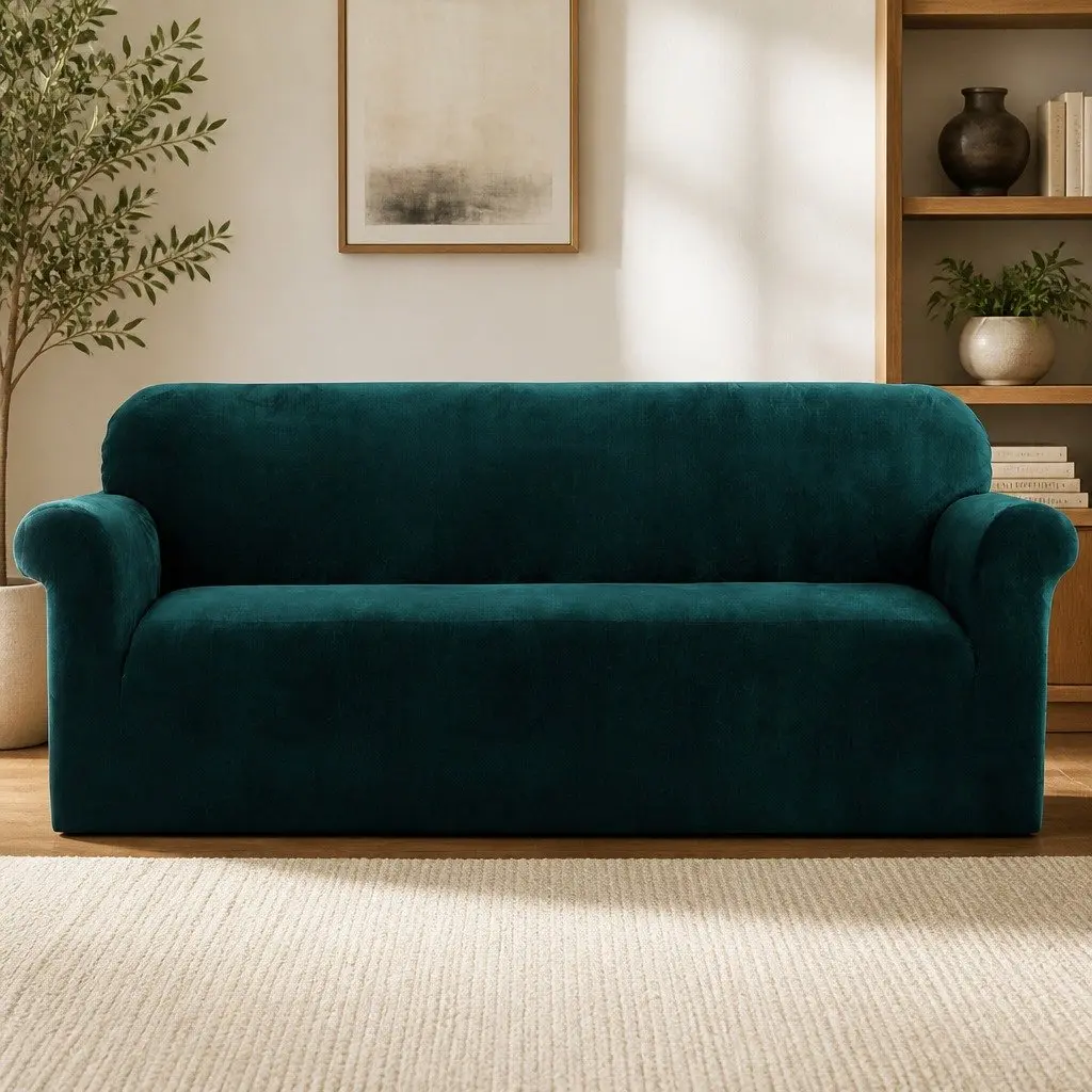 4 Seater Sofa Cover Velvet Stretch Couch Protector Agate Green