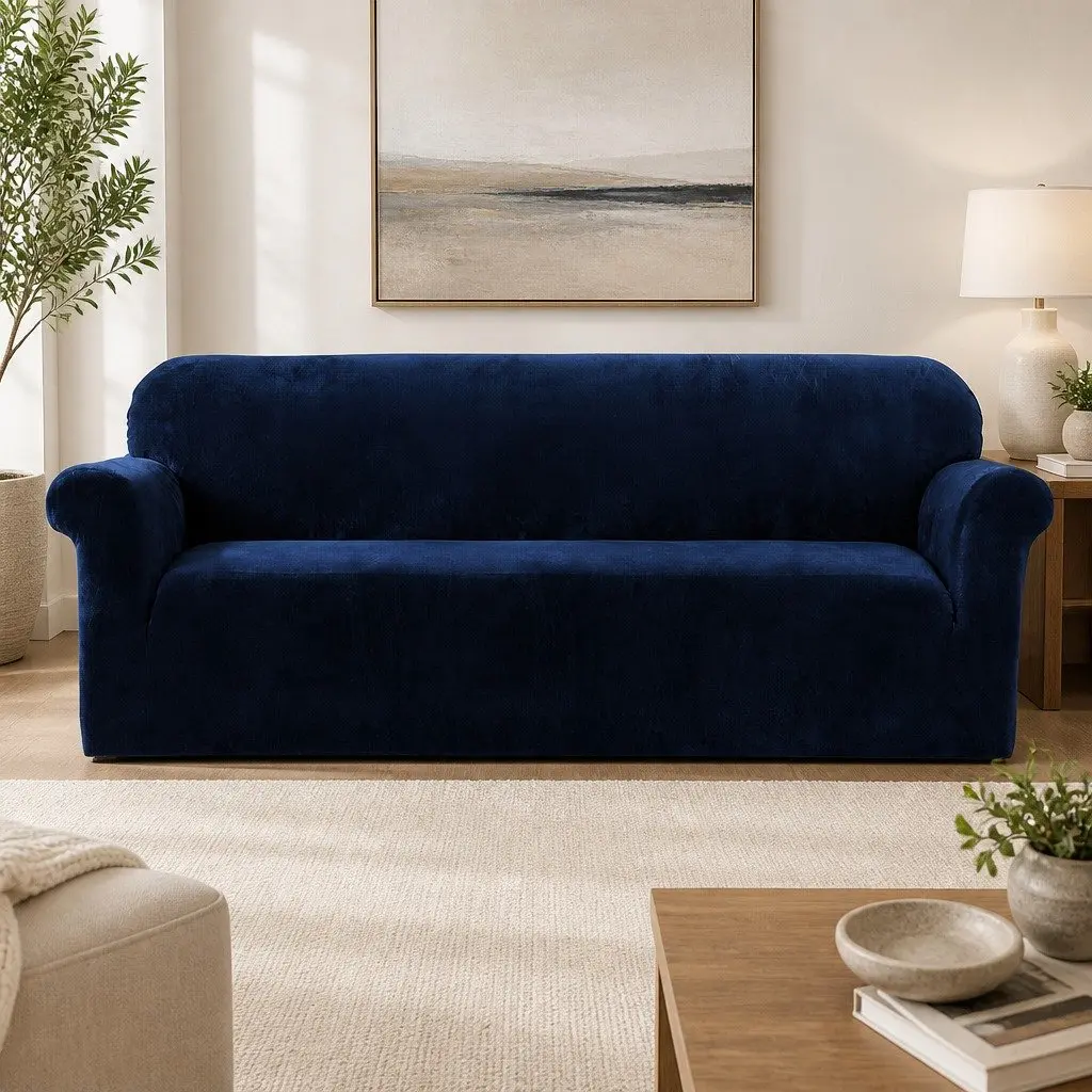 4 Seater Sofa Cover Velvet Couch Protector Navy Blue Stretchable Anti Slip
