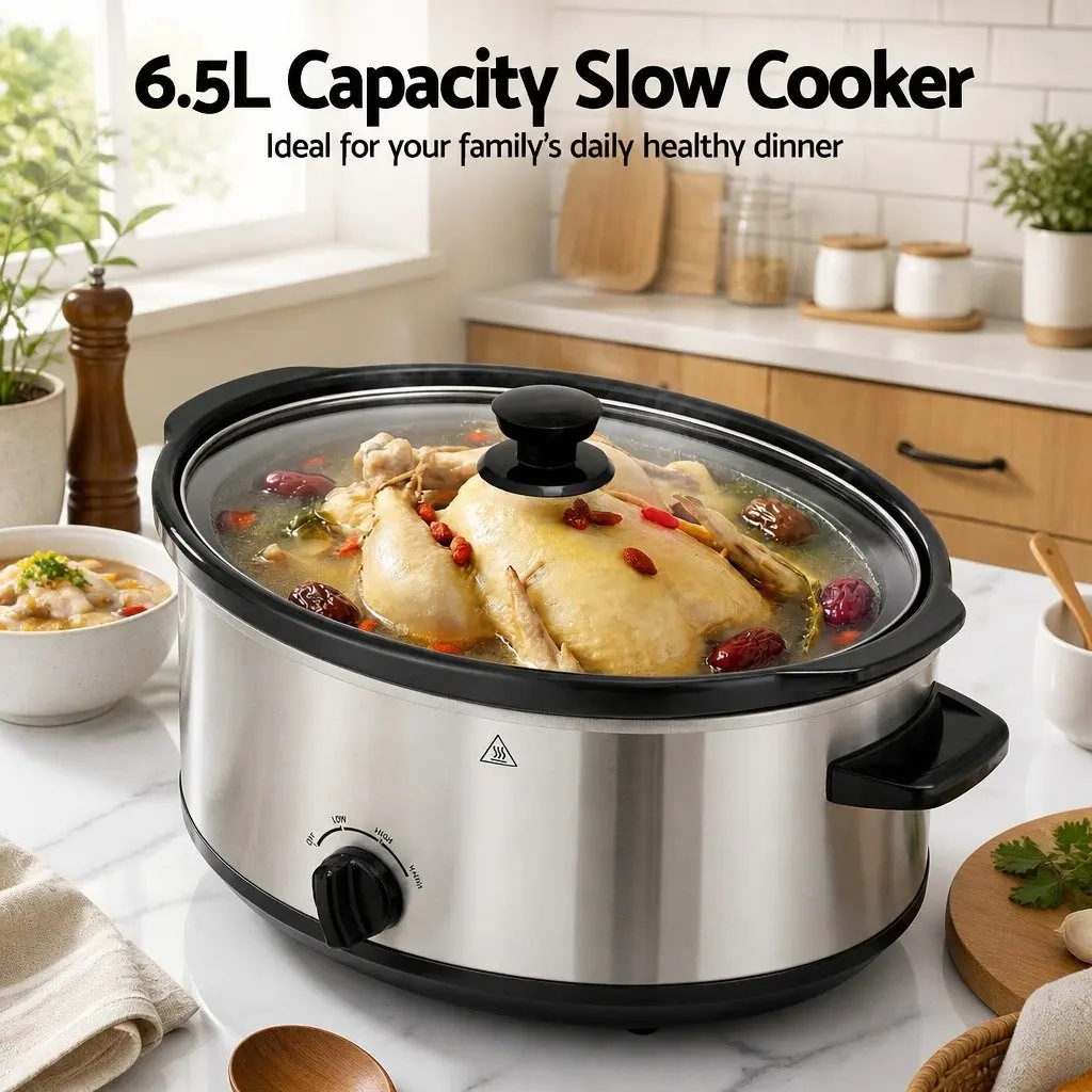 6.5L Slow Cooker Electric Multi Cooker 3 Heat Settings Keep Warm Silver Kitchen