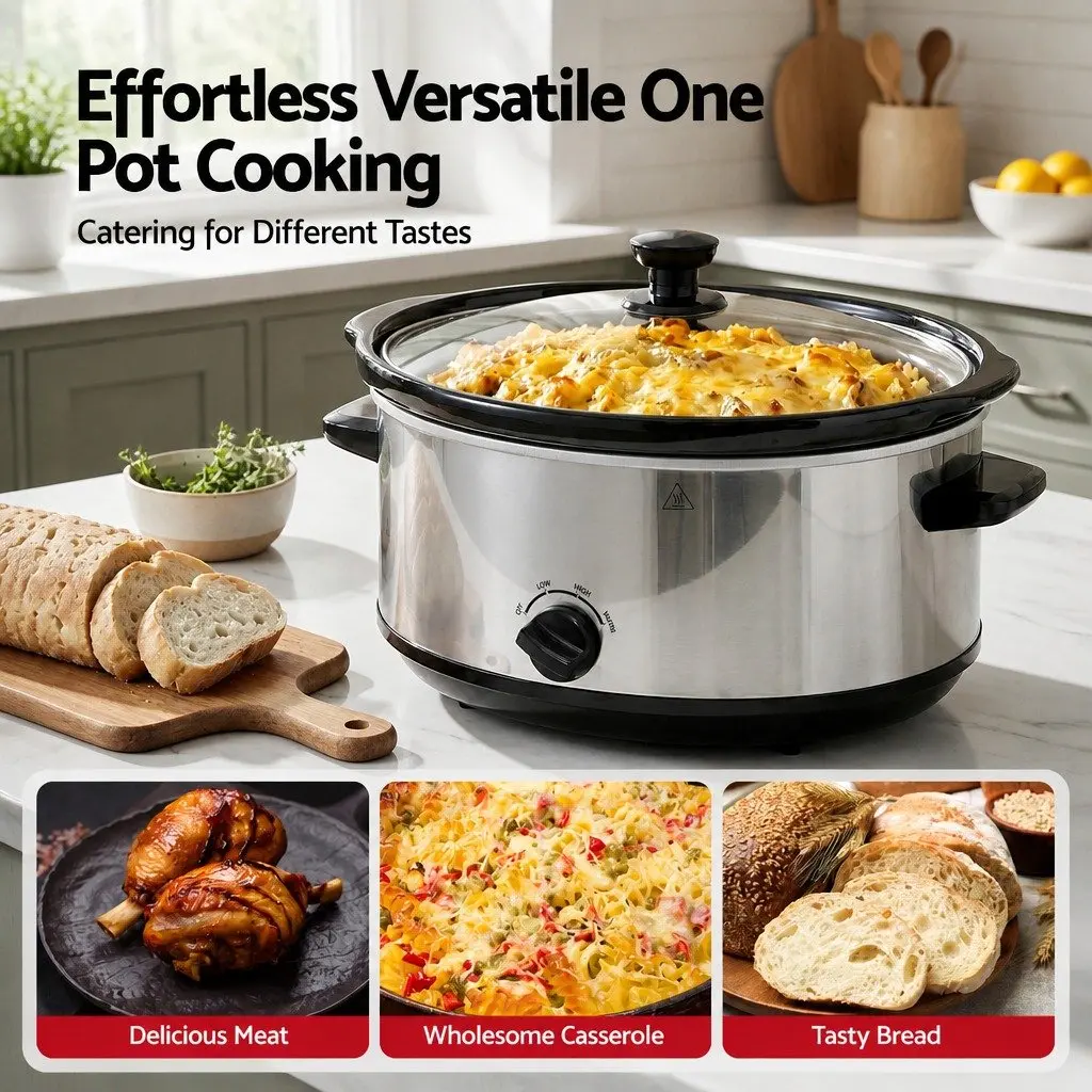 6.5L Slow Cooker Electric Multi Cooker 3 Heat Settings Keep Warm Silver Kitchen
