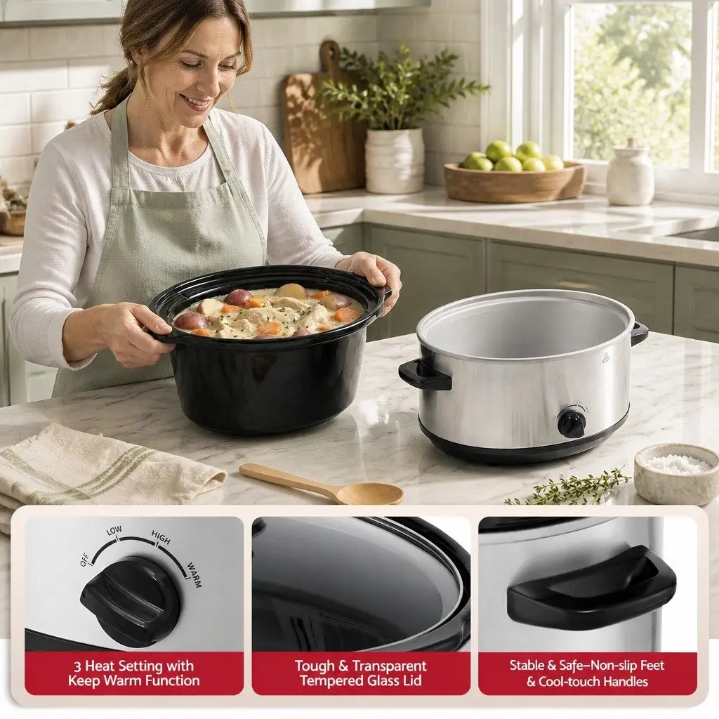 6.5L Slow Cooker Electric Multi Cooker 3 Heat Settings Keep Warm Silver Kitchen