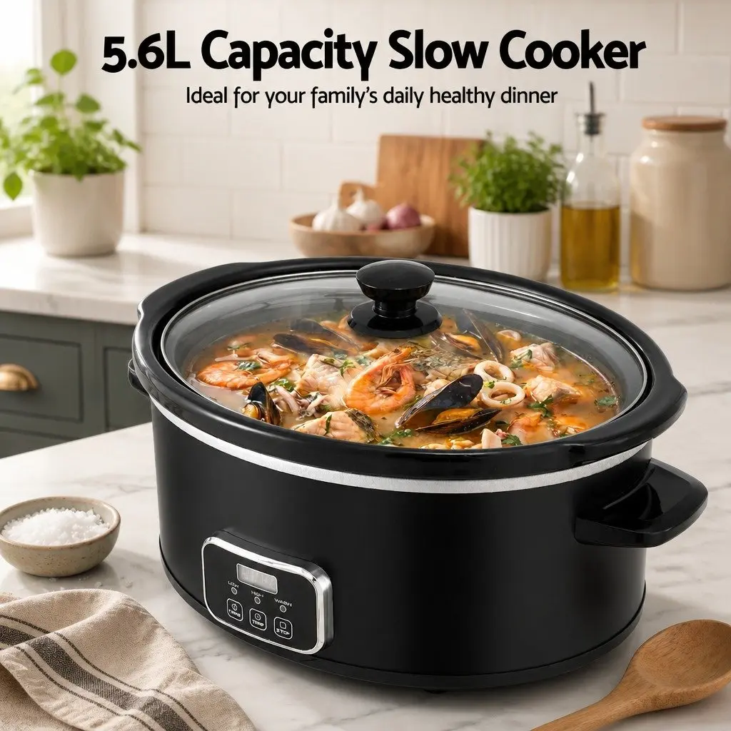 Electric Slow Cooker 5.6L Multi Cooker Black 3 Heat Settings
