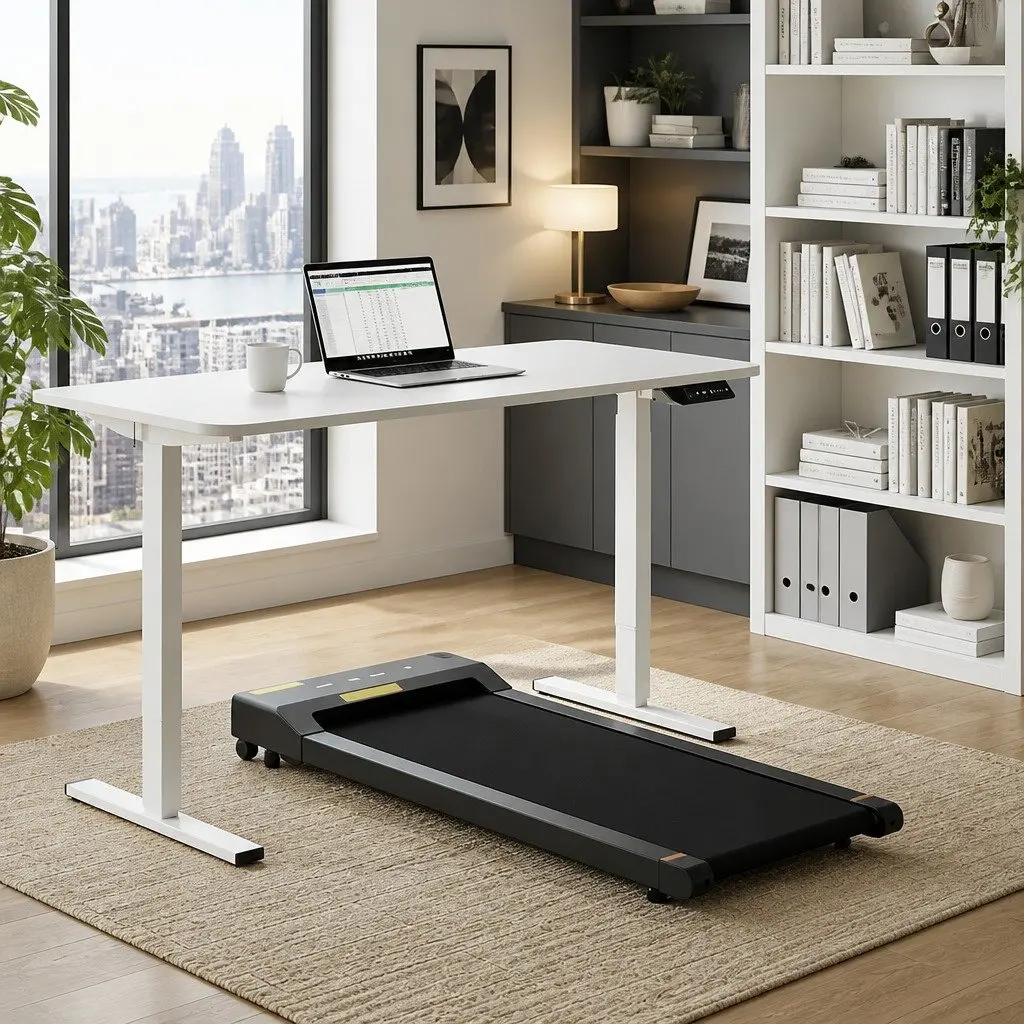 Electric Standing Desk Treadmill Combo 140cm Height Adjustable Motorised Walking Pad White or Black