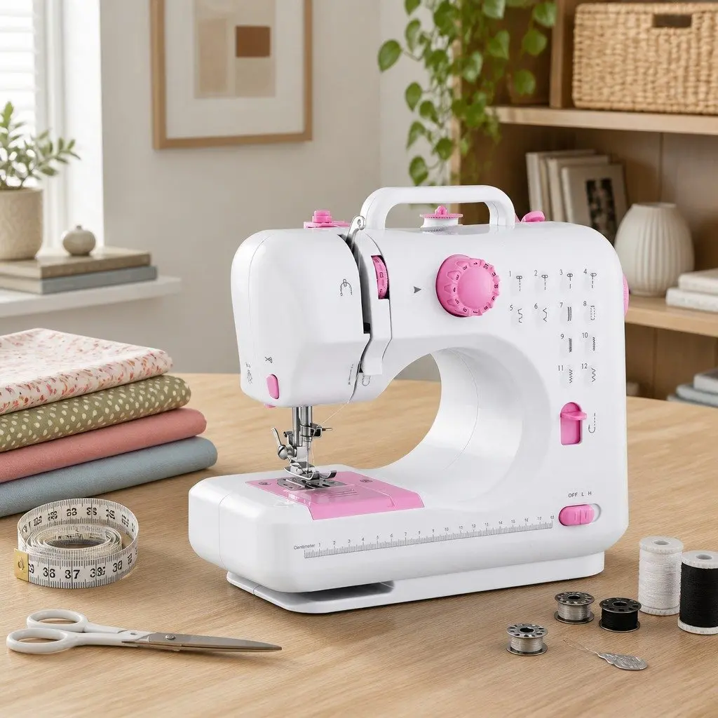 Mini Sewing Machine Portable Compact 12 Stitches White with Pink