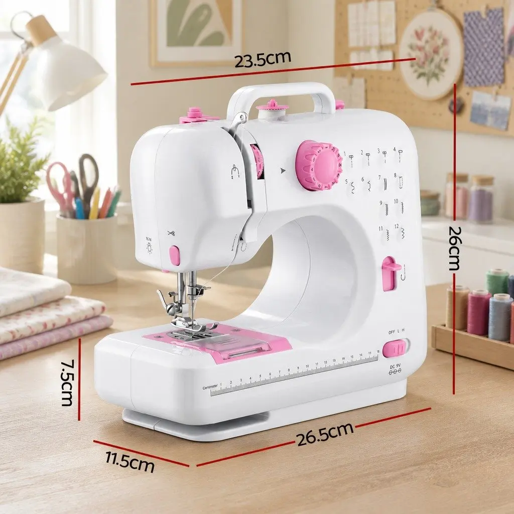 Mini Sewing Machine Portable Compact 12 Stitches White with Pink