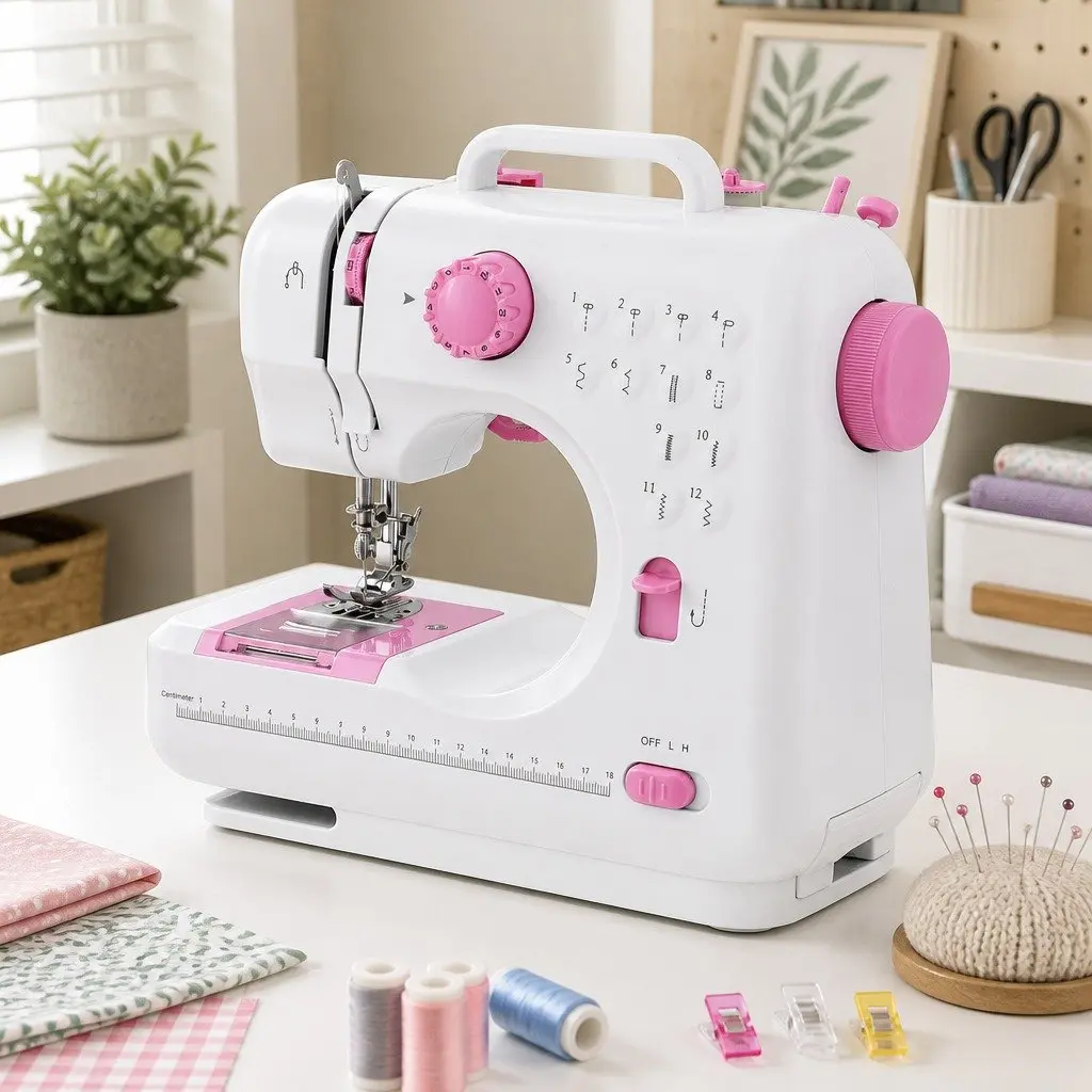 Mini Sewing Machine Portable Compact 12 Stitches White with Pink