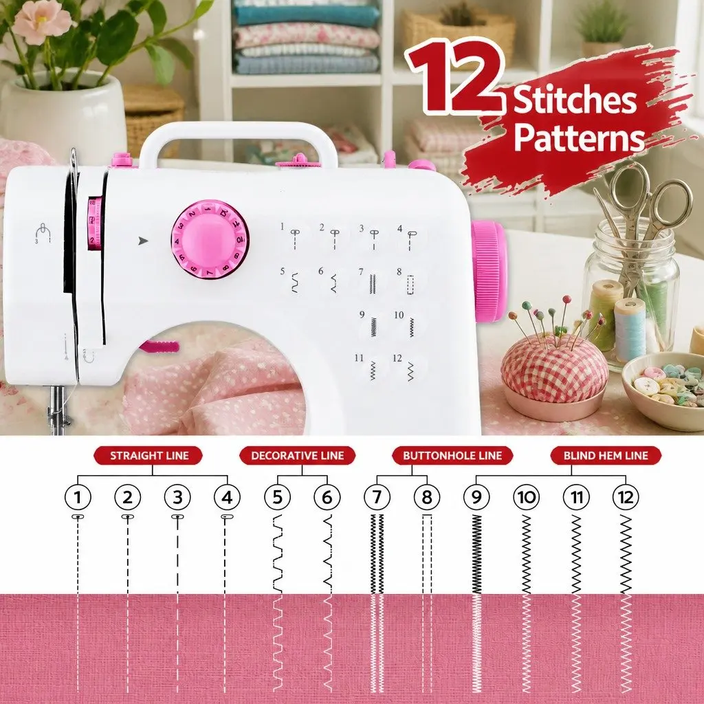 Mini Sewing Machine Portable Compact 12 Stitches White with Pink