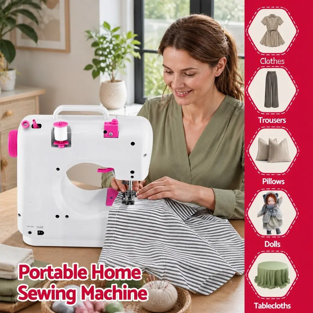 Mini Sewing Machine Portable Compact 12 Stitches White with Pink