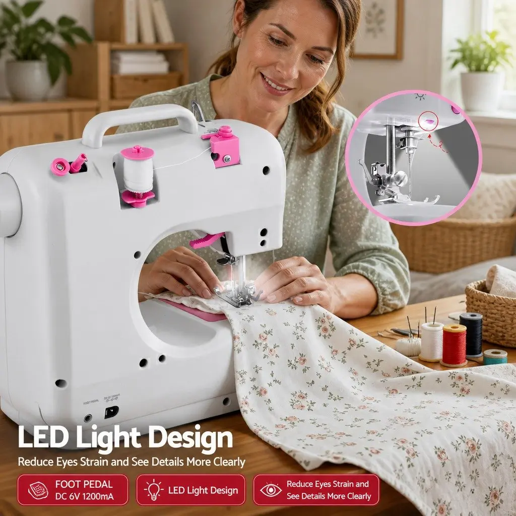 Mini Sewing Machine Portable Compact 12 Stitches White with Pink
