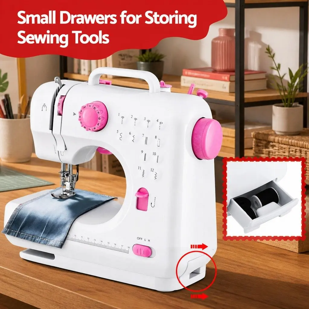 Mini Sewing Machine Portable Compact 12 Stitches White with Pink