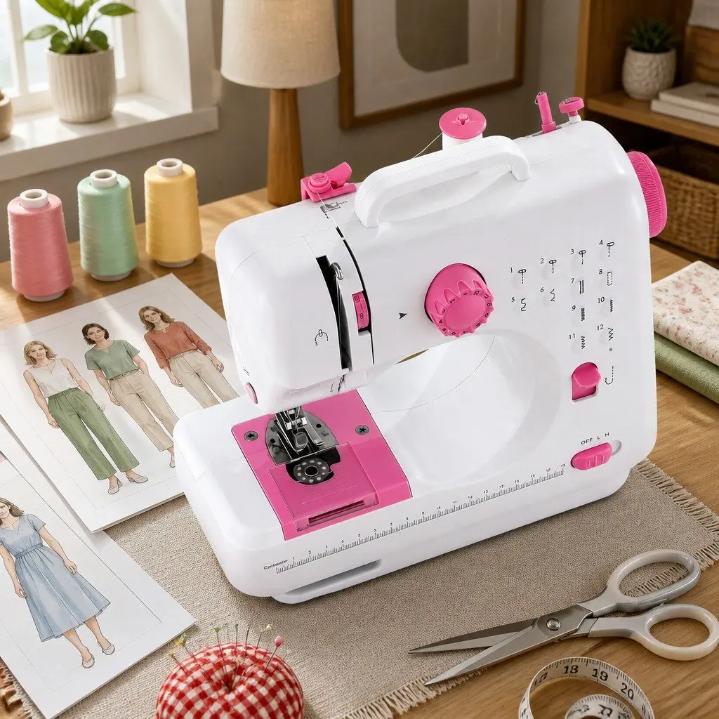 Mini Sewing Machine Portable Compact 12 Stitches White with Pink