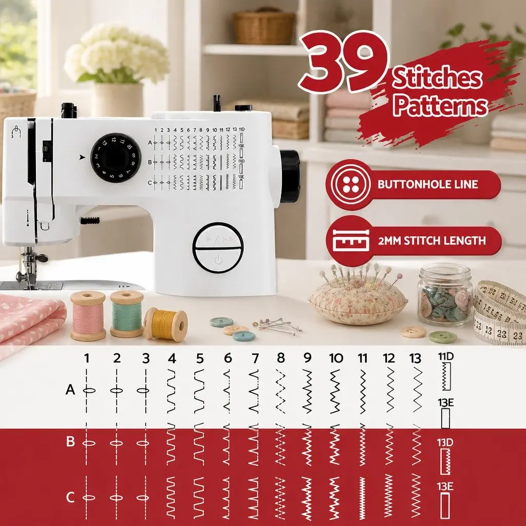 Mini Sewing Machine Portable Compact 39 Stitches Home Craft Lightweight White