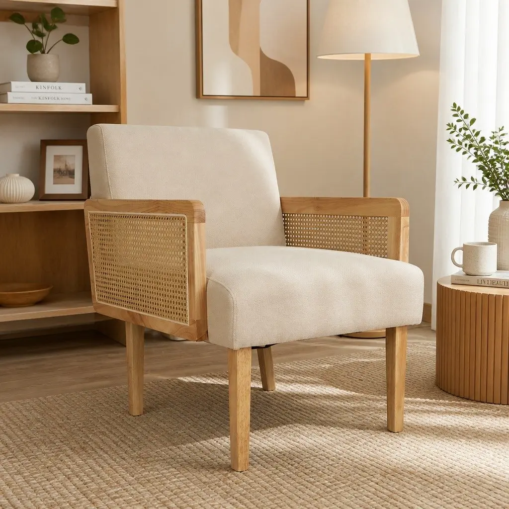 Rattan Armchair for Lounging Natural Colour Linen Fabric Cushioned Seat Backrest Rubberwood