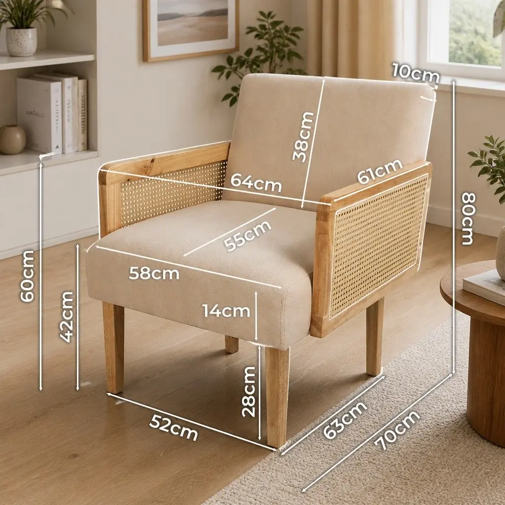 Rattan Armchair for Lounging Natural Colour Linen Fabric Cushioned Seat Backrest Rubberwood