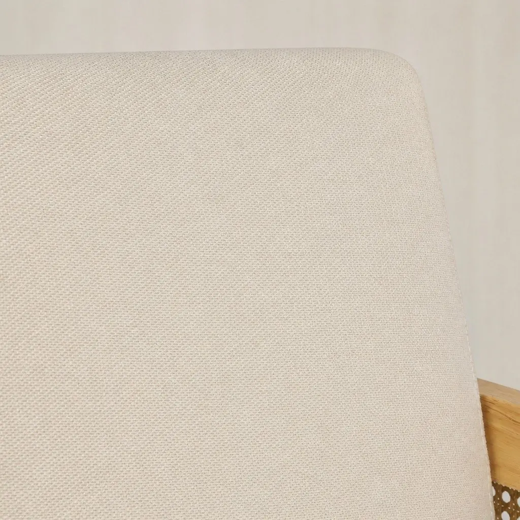 Rattan Armchair for Lounging Natural Colour Linen Fabric Cushioned Seat Backrest Rubberwood