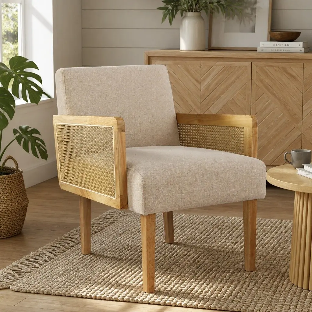 Rattan Armchair for Lounging Natural Colour Linen Fabric Cushioned Seat Backrest Rubberwood